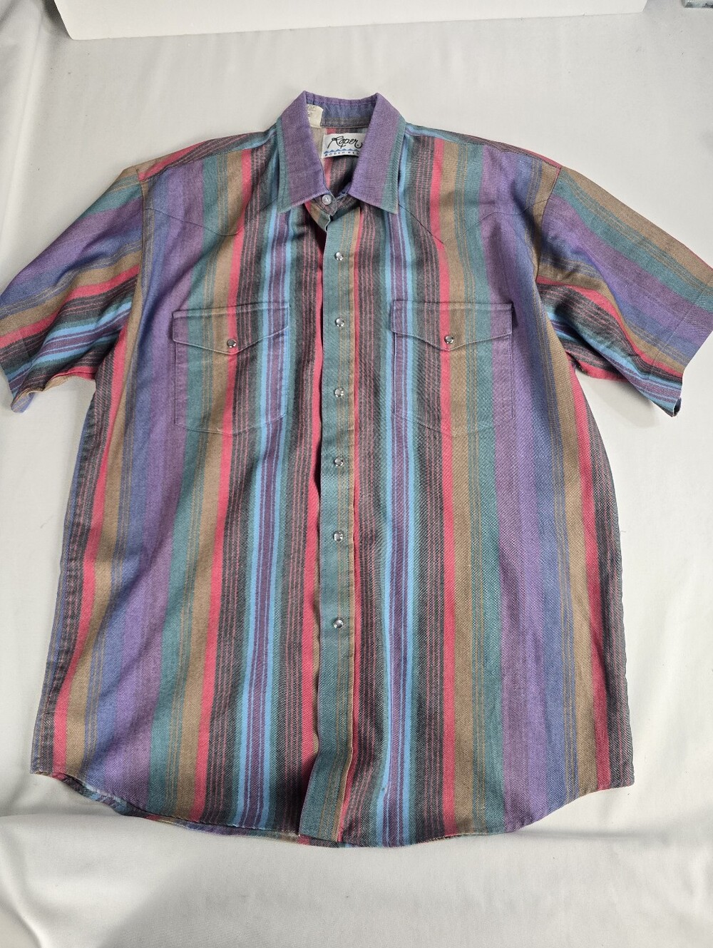 Vintage Roper Rodeo Pearl Snap Western Short Sleeve Shirt Men’s XL Striped USA